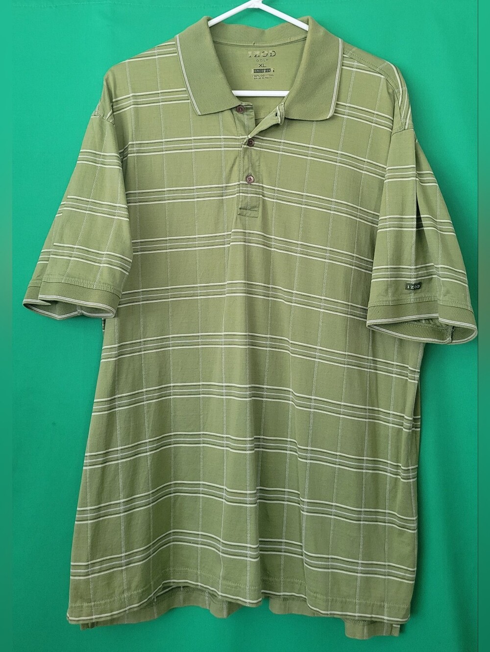 IZOD Men Green Striped Polo Shirt Sz XL Collared Dress Mercerized Golf Plaid LS